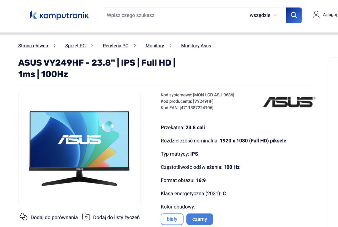 Strona internetowego sklepu Komputronik wyświetlająca monitor ASUS VY249HF o przekątnej 23.8 cala, rodzaj matrycy IPS i rozdzielczości 1920 x 1080 pikseli, z dostępnymi opcjami dodania do porównania i listy życzeń.