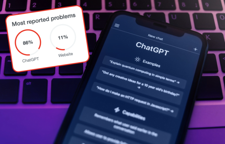 Infografika z problemami zgłaszanymi dla ChatGPT (86%) i strony internetowej (11%) nałożona na zdjęcie telefonu komórkowego z aplikacją ChatGPT oraz klawiatury laptopa.