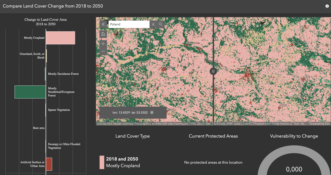 świat w 2050 roku Ekran podzielony na dwie części z interaktywną mapą Polski i słupek informacyjny pokazujący zmiany w pokryciu ziemi od 2018 do 2050 roku, obszary rolnicze, lasy liściaste i iglaste, tereny zurbanizowane i bagniste.