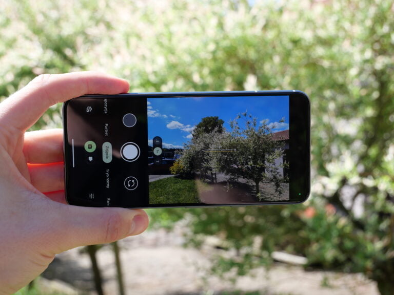 Dłoń trzymająca smartfon, na ekranie którego wyświetlany jest obraz krajobrazu z drzewem i niebieskim niebem.