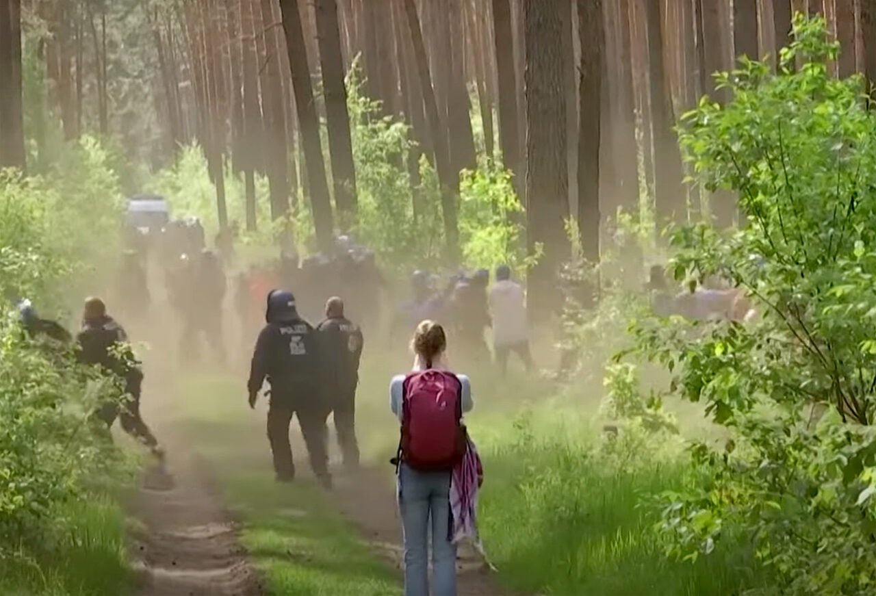 Aktywiści klimatyczni starli się z policją przed fabryką Tesli. Kobieta obserwująca policję gonącą grupę ludzi w lesie.