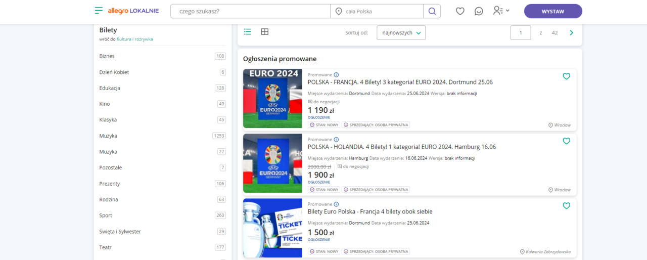 Ekran Allegro Lokalnie z ofertami biletów na mecze Euro 2024: Polska - Francja oraz Polska - Holandia.