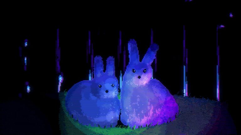 Podświetlane rzeźby królików w nocnym krajobrazie, wykonane z kolorowych świateł LED. To postacie z gry Animal Well