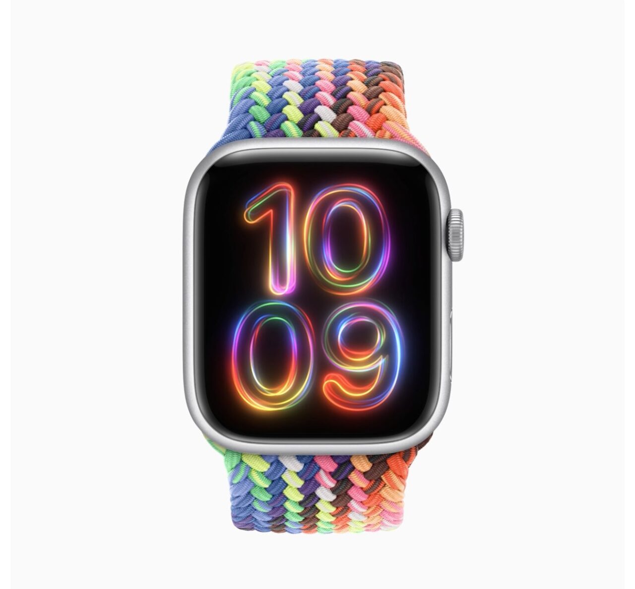 Smartwatch z kolorowym, plecionym paskiem i cyferblatem wyświetlającym neonowe, kolorowe cyfry "10:09".