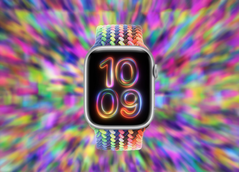Inteligentny zegarek z kolorowym, plecionym paskiem na tle rozmytych, kolorowych świateł, wyświetlający neonową godzinę 10:09.