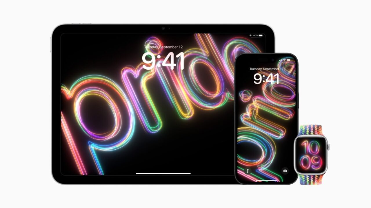 Tablet, smartfon i smartwatch z kolorowymi, neonowymi grafikami na ekranach prezentujące godzinę.