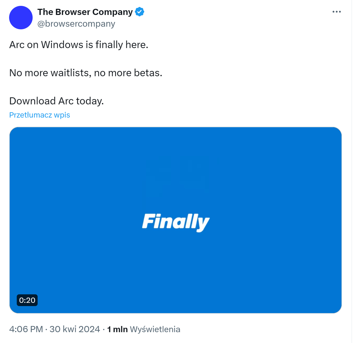 Uma captura de tela de uma postagem no Twitter da The Browser Company anunciando a disponibilidade do Arc Browser para Windows, com um gráfico que diz "Finalmente" em um fundo azul.