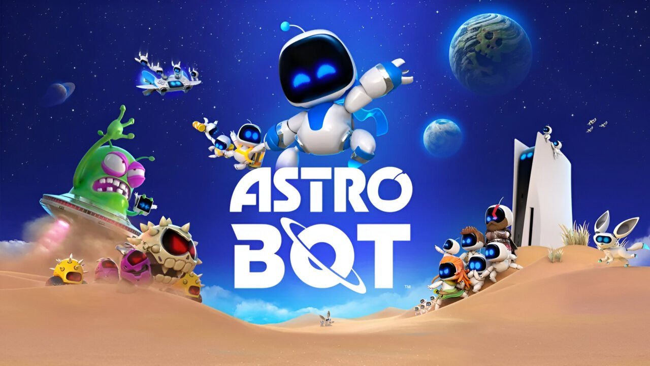 Plakat gry "Astro Bot" ukazujący postacie robotów oraz zielonego obcego z kosmicznymi statkami na tle piaskowej pustyni i gwieździstego nieba. Gra została zapowiedziana na State of Play