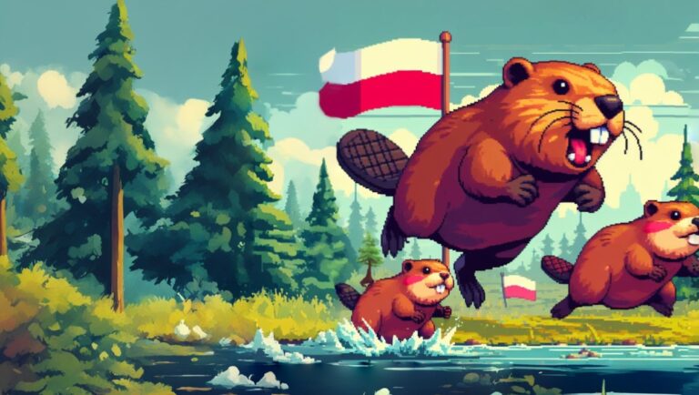 Ilustracja przedstawiająca bobry biorące udział w wyścigu, z polską flagą w tle, w lesie nad jeziorem.