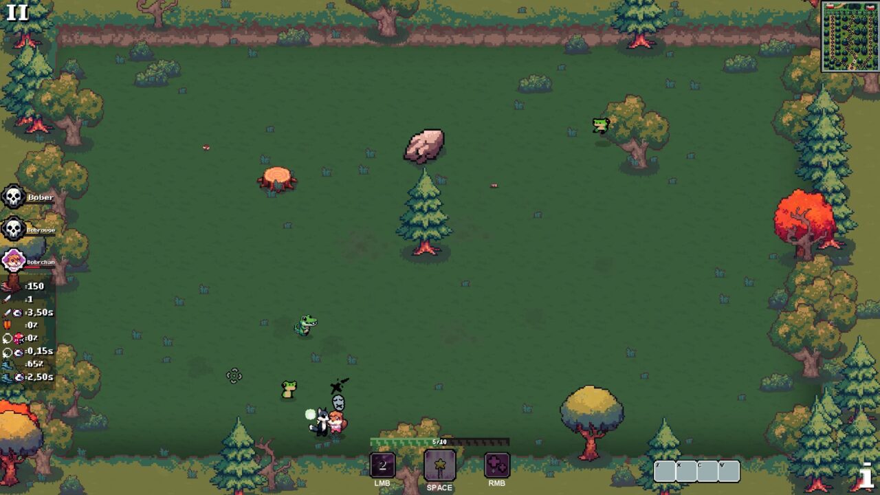 Ekran gry komputerowej Bóbr Kurwa przedstawiającej postacie i zwierzęta na otwartym leśnym terenie z drzewami i krzewami.