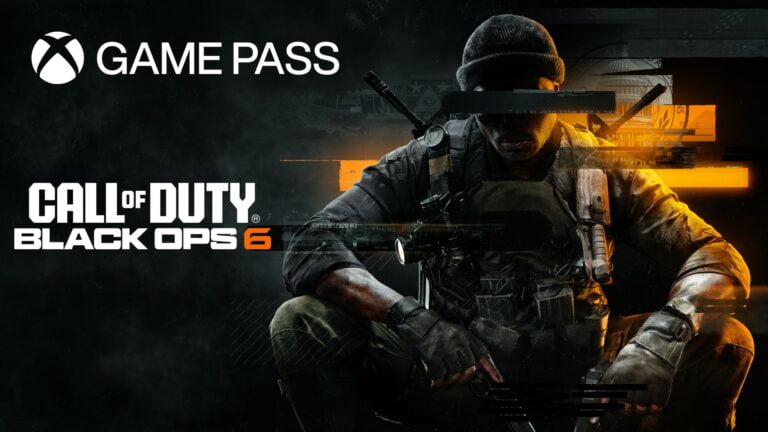 Okładka gry "Call of Duty Black Ops 6" na Game Pass, przedstawiająca żołnierza z bronią w ręku, na ciemnym tle z elementami pomarańczowymi.