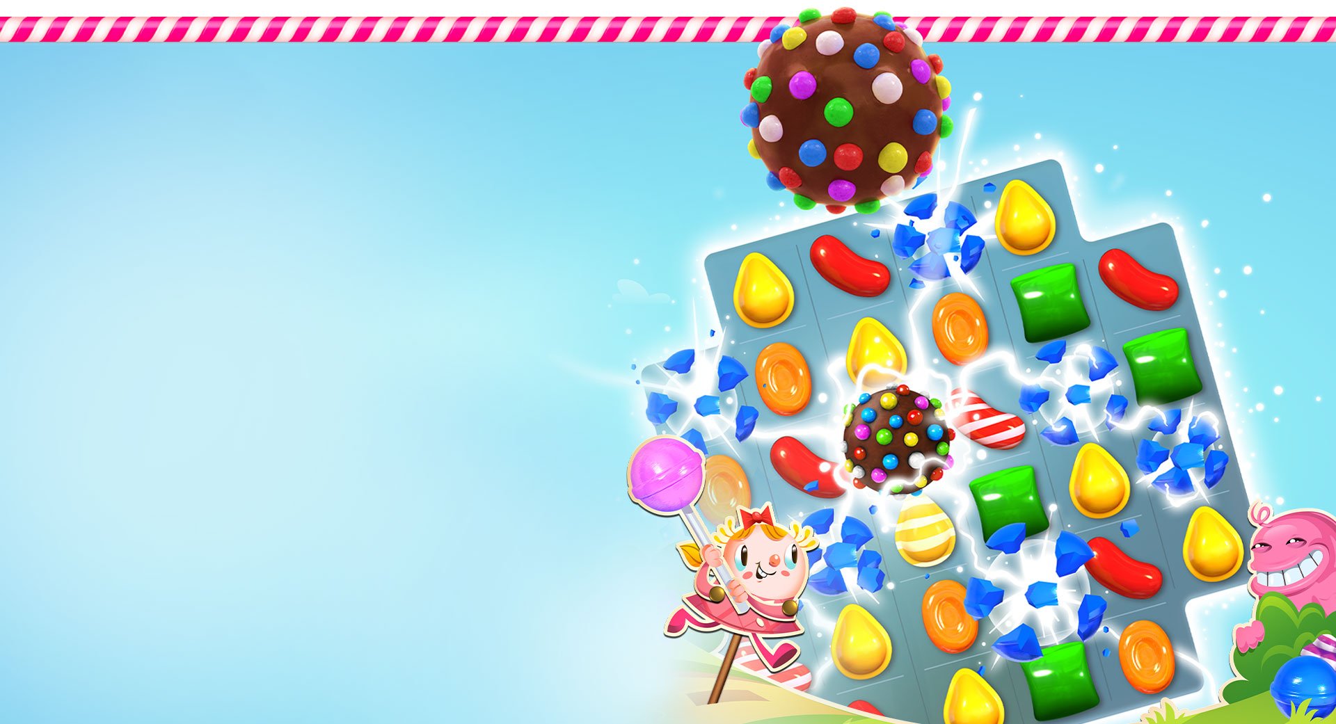 Animowana grafika zachęcająca do gry z postacią trzymającą lizaka, planszą z kolorowymi cukierkami i rozbitymi kawałkami szkła.