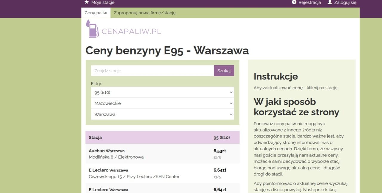 zrzut ekranu ze strony cenapaliw.pl