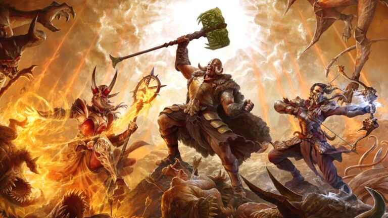 Trzech wojowników z gry diablo 4 walczących z demonami; jeden z ogromnym młotem, drugi z łukiem, a trzeci z ręcznym ostrzem otoczonym płomieniami.