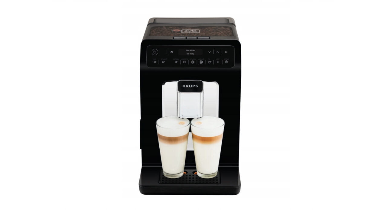 Automatyczny ekspres do kawy Krups z dwoma filiżankami latte.