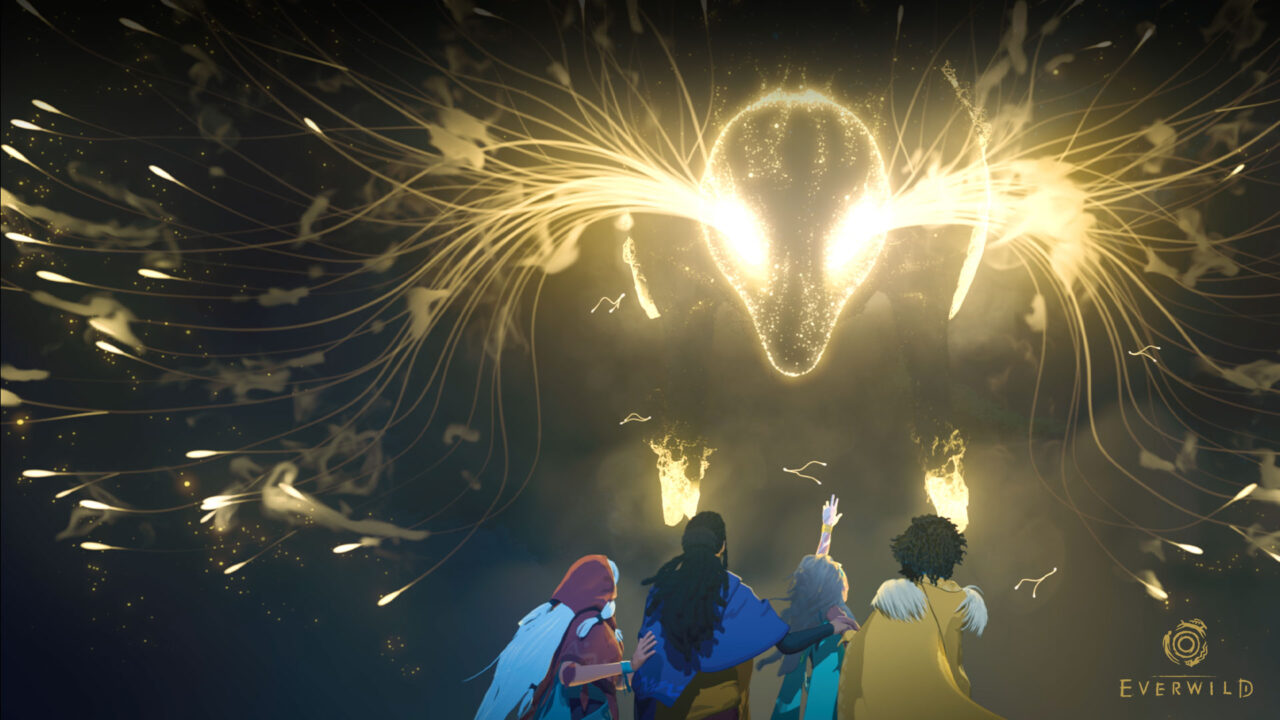 Grupa postaci obserwuje magiczną, świecącą istotę w kształcie głowy jelenia w ciemnym, gwiaździstym otoczeniu. Gra Everwild jest wydawana przez Microsoft