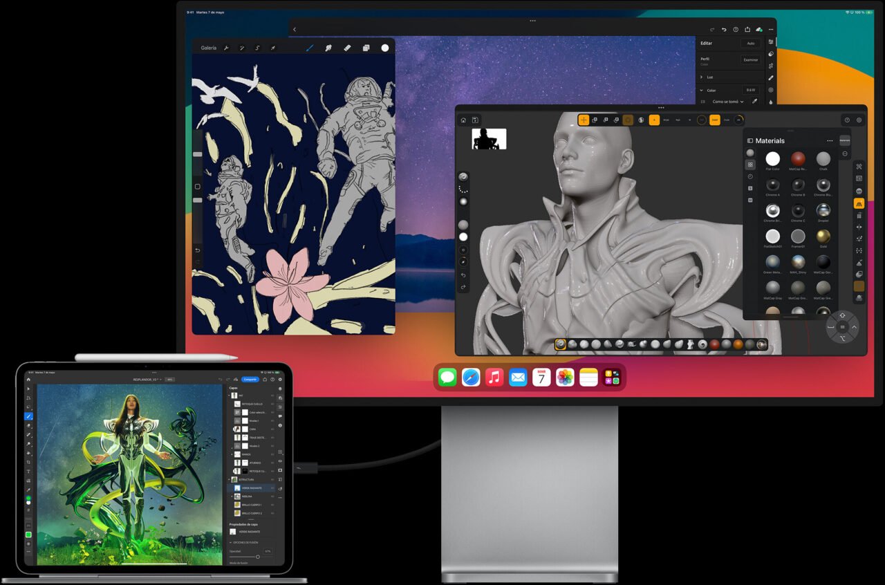 iPad Pro 2024 Monitor i tablet graficzny z wyświetlonymi aplikacjami do tworzenia grafiki cyfrowej, rysowania oraz modelowania 3D.