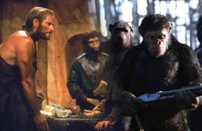 Scena łącząca dwa różne filmy z serii "Planeta Małp" pokazująca ludzi i małpy w różnych kontekstach, jeden z nich trzyma broń.