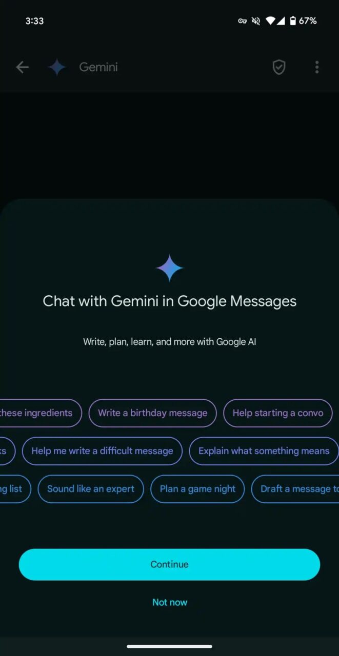Interfejs rozmowy z Gemini w Wiadomościach Google Messages, przycisk „Kontynuuj” na dole.