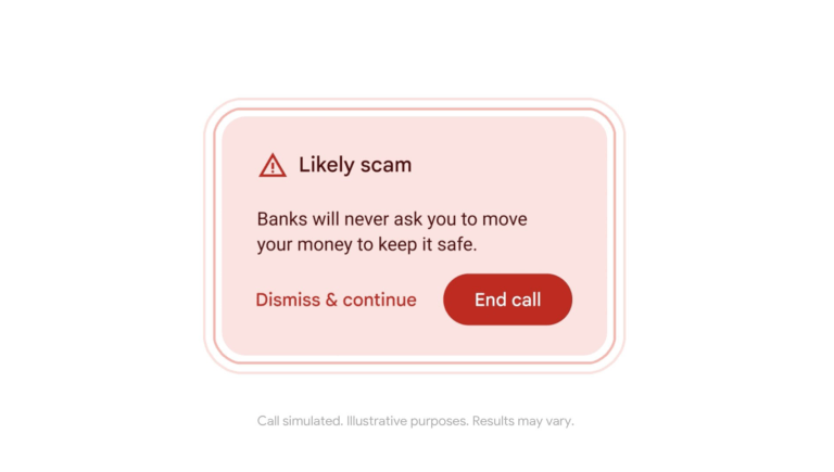 Alert dotyczący oszustwa z informacją, że banki nigdy nie proszą o przeniesienie pieniędzy dla ich bezpieczeństwa, z dwoma przyciskami: "Dismiss & continue" i "End call".