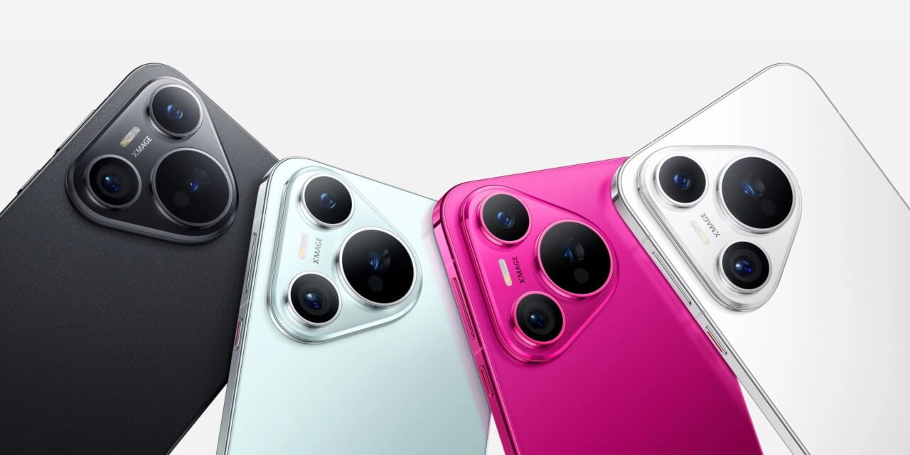 Cztery smartfony w różnych kolorach ukazujące tylną stronę z potrójnymi aparatami.