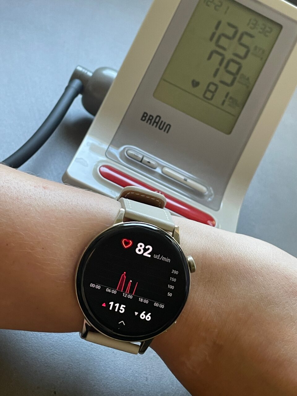 Osoba nosząca smartwatch mierzący puls, w tle ciśnieniomierz pokazujący wynik pomiaru ciśnienia krwi.