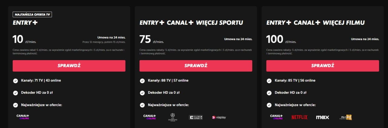 ile kosztuje canal+ - Najtańsza oferta TV, trzy plany: ENTRY+ za 10 zł/mies., ENTRY+ CANAL+ więcej sportu za 75 zł/mies., ENTRY+ CANAL+ więcej filmu za 100 zł/mies.