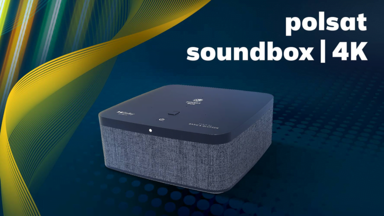 Polsat Soundbox 4K na tle kolorowych fal.