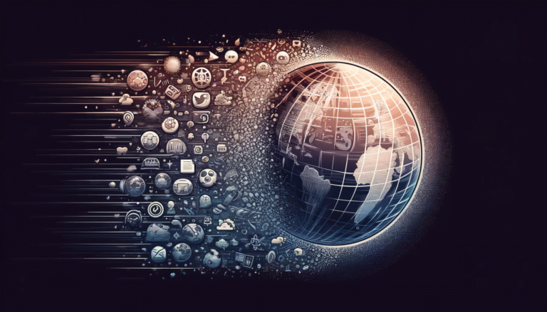 Ilustracja przedstawiająca internet jako kulę ziemską z półkuli zachodniej, wokół której unoszą się licznie różne ikony związane z technologią i internetem.