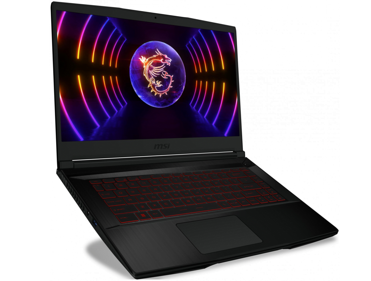 Laptop MSI z podświetlaną klawiaturą. Na ekranie wyświetlany jest motyw świetlny z logotypem smoka.