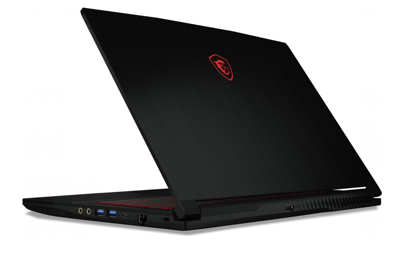 Czarny laptop z czerwonym logo na pokrywie, widok boczny.