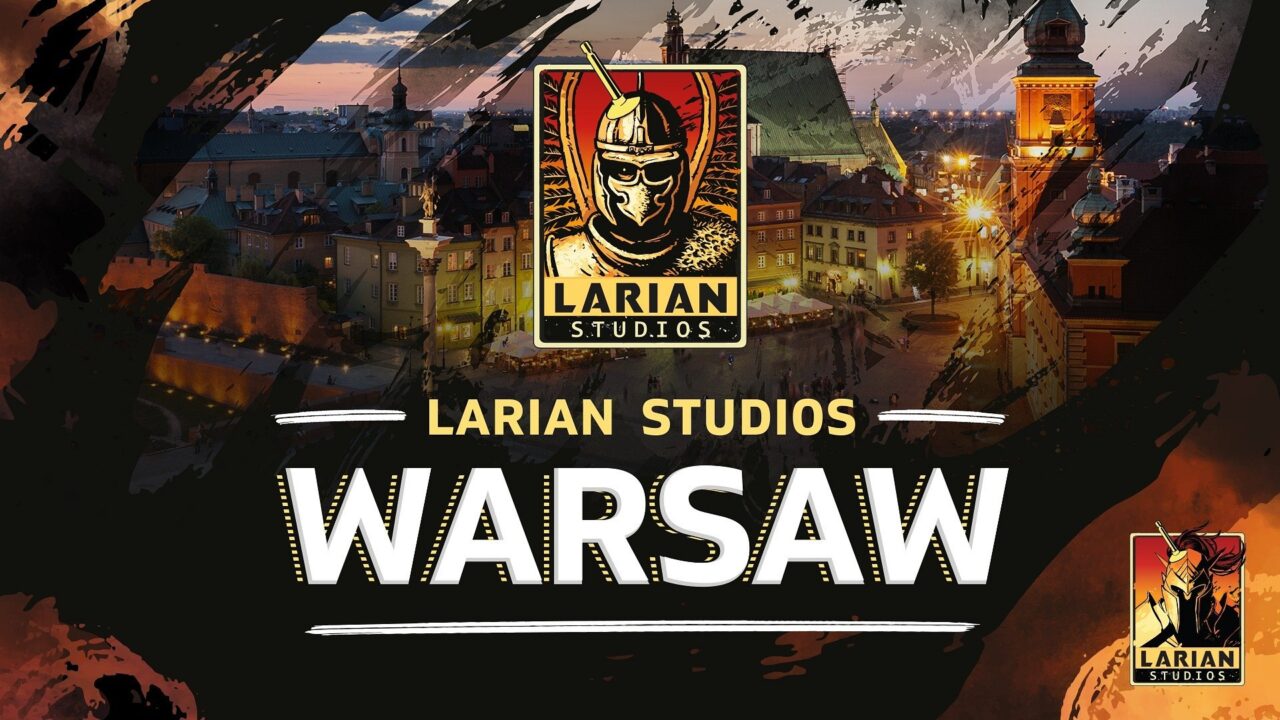 Larian Studios Warsaw, tło przedstawiające widok na Warszawę w nocy. Studio wyprodukowało m.in. Baldur's Gate 3