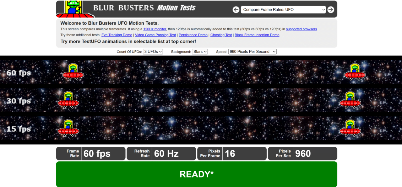Zrzut ekranu witryny testowej Blur Busters UFO Motion Tests, przedstawiający testy porównawcze prędkości klatek na sekundę dla animacji UFO na tle gwiazd, z różnymi ustawieniami szybkości odświeżania i prędkości pikseli.