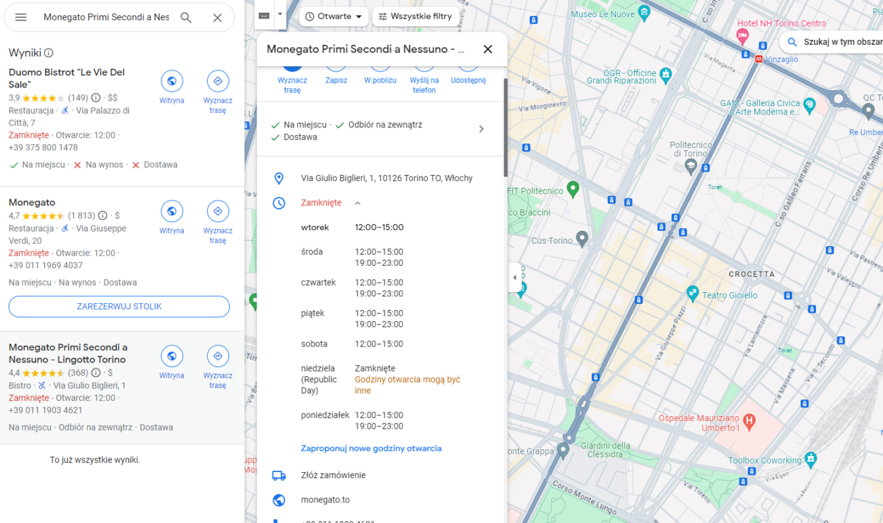 Mapa i wyniki wyszukiwania z Google Maps restauracji w Turynie, wraz z informacjami o godzinach otwarcia i zamknięcia lokali.