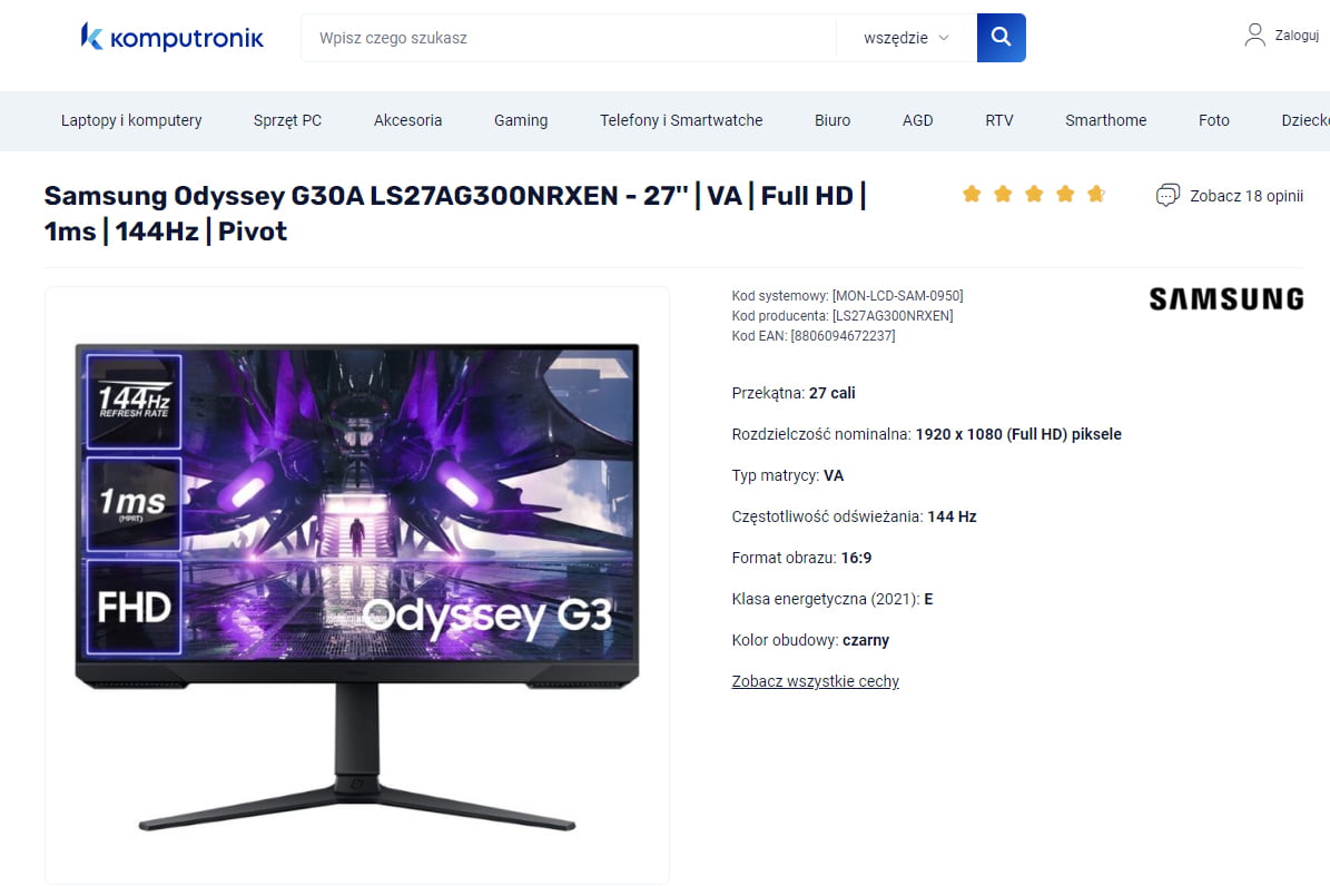 monitor Samsung Odyssey G30A LS27AG300NRXEN - 27" | VA | Full HD | 1ms | 144Hz | Pivot, sklep komputerowy Komputronik.