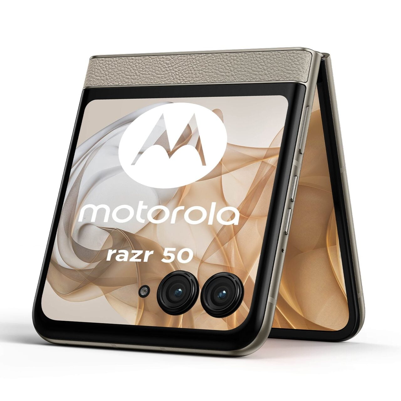 Składany smartfon Motorola Razr 50 w kolorach beżu i brązu, z wyświetlaczem przednim i dwoma aparatami fotograficznymi.