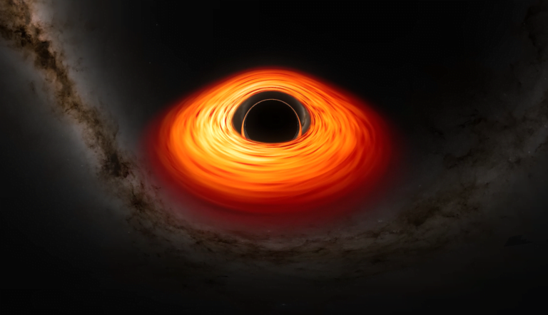 Wizualizacja czarnej dziury z jasno świecącym akrecyjnym dyskiem gazowym w kosmosie.