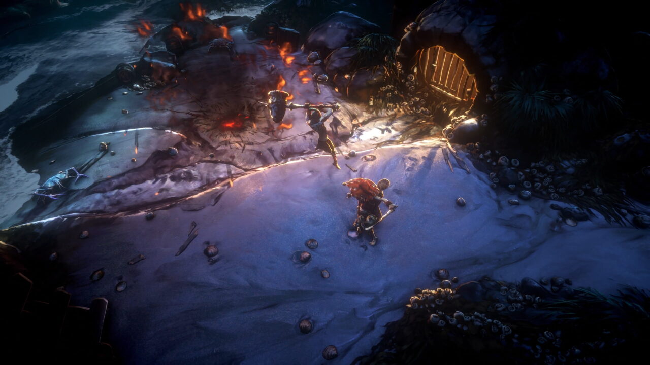 Scena z gry wideo przedstawiająca trzech bohaterów walczących z przeciwnikiem na lodowym terenie przy ogniskach. Polacy zapłacą najwięcej za No Rest for the Wicked