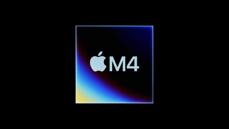 Logo Apple z napisem "M4" znajdujące się wewnątrz prostokąta na gradientowym tle od niebieskiego do żółtego.
