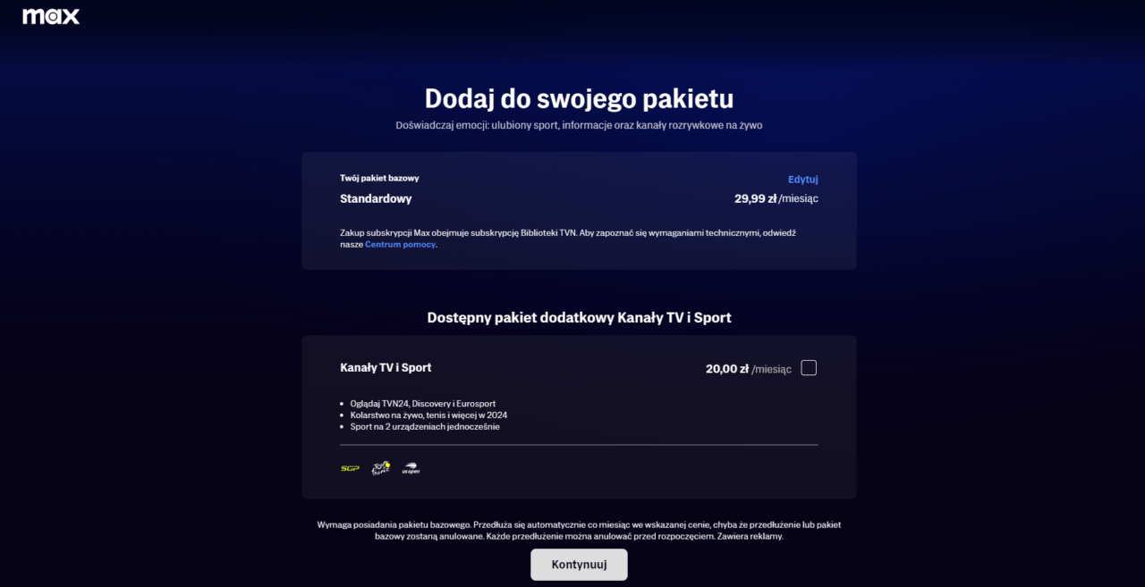 Dodaj do swojego pakietu. Doświadczaj emocji: ulubiony sport, informacje oraz kanały rozrywkowe na żywo. Twój pakiet bazowy Standardowy 29,99 zł/miesiąc. Dostępny pakiet dodatkowy Kanały TV i Sport 20,00 zł/miesiąc. Kanały TV i Sport Oglądaj TVN24, Discovery i Eurosport, Kolarstwo na żywo, tenis i więcej w 2024, Sport na 2 urządzeniach jednocześnie. Kontynuuj.