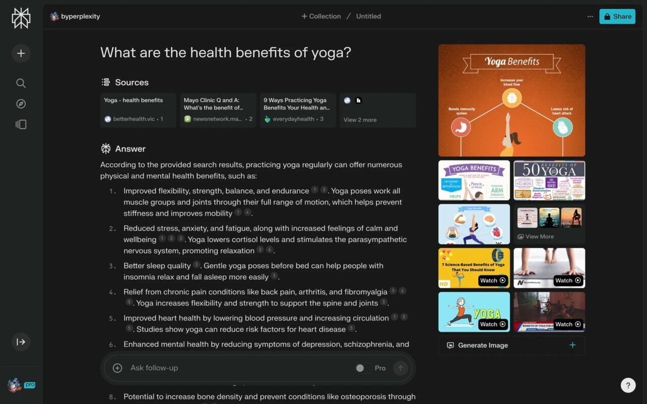 Zrzut ekranu pokazujący interfejs użytkownika aplikacji do wyszukiwania informacji, który przedstawia korzyści zdrowotne wynikające z regularnej praktyki jogi, włączając w to poprawę elastyczności, siły, równowagi, zdolności przeciwbólowe, obniżenie poziomu stresu oraz poprawę ogólnego samopoczucia. Ekran zawiera również miniatury zewnętrznych źródeł i artykułów na temat jogi, takich jak infografiki i filmy wideo.