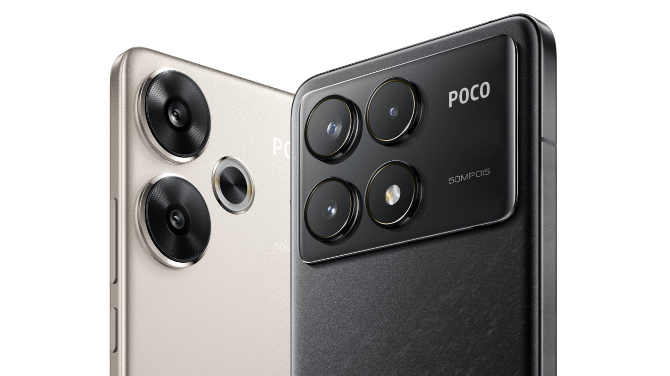 Dwa telefony Poco z tylnymi aparatami, jeden w kolorze złotym, drugi czarnym, z widocznymi obiektywami 50 MP.