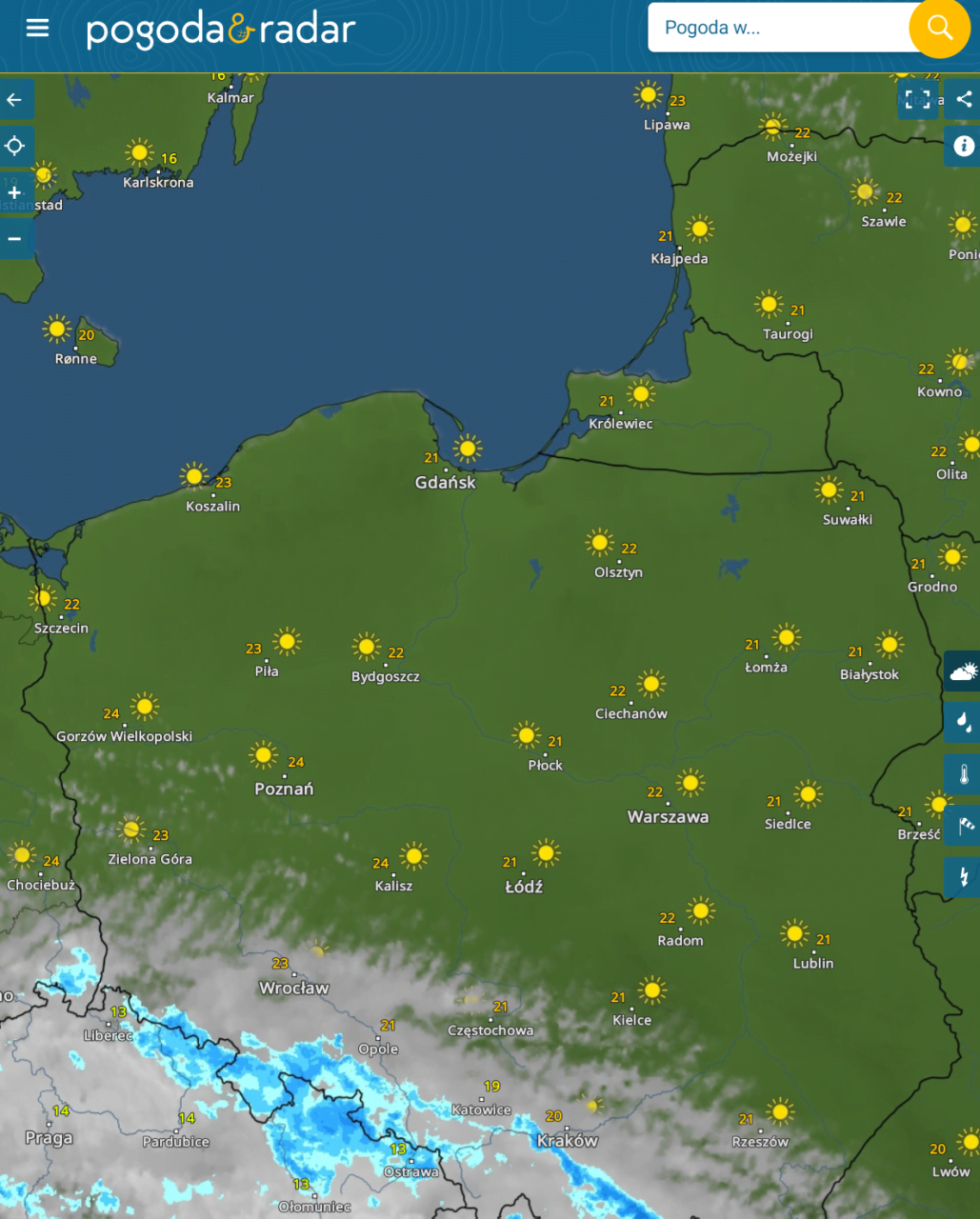 Mapa Polski z prognozą pogody, przedstawiająca słoneczne ikony i temperatury w różnych miastach, na północy od 16°C w Karlskronie do 24°C w Kaliszu, a na południu, w rejonie Wrocławia i Opola, zanotowane opady deszczu.