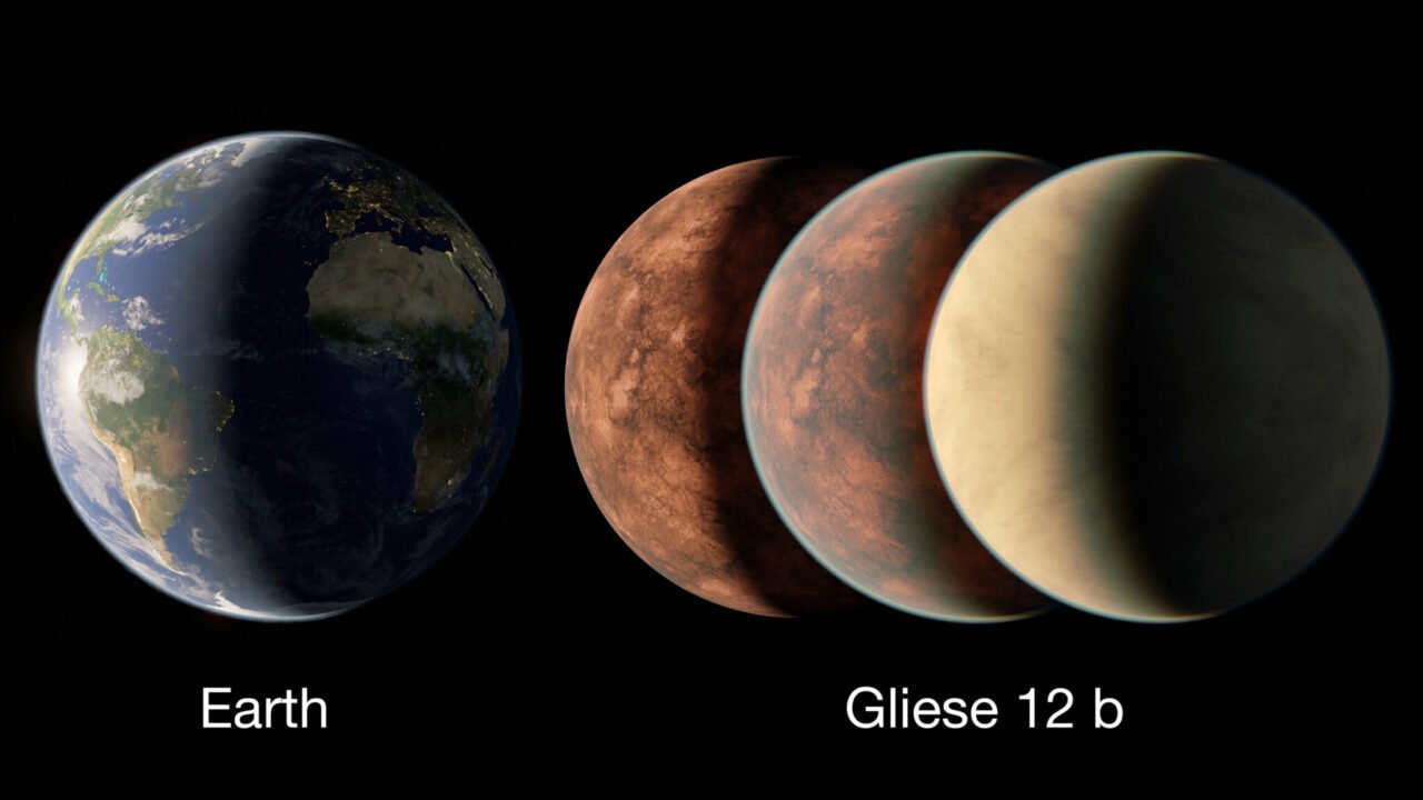 Ziemia i Gliese 12 b; obrazy porównujące dwie planety.