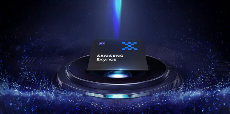 Procesor Samsung Exynos z oznaczeniem 5G umieszczony na podświetlanej platformie, otoczony cyfrowymi elementami i niebieskimi światłami na ciemnoniebieskim tle.