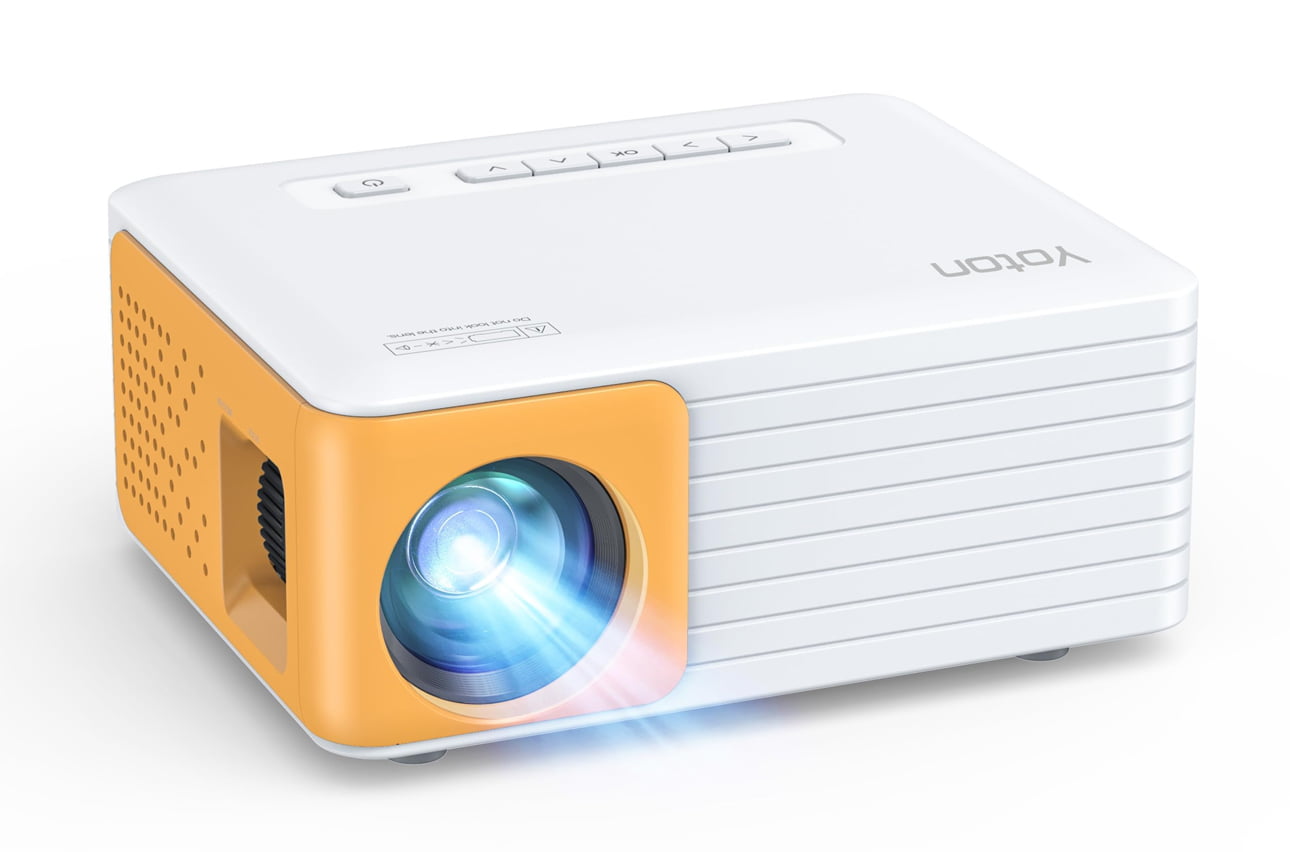 Biało-pomarańczowy projektor z wyświetlaczem na przodzie i przyciskami sterującymi na górze.