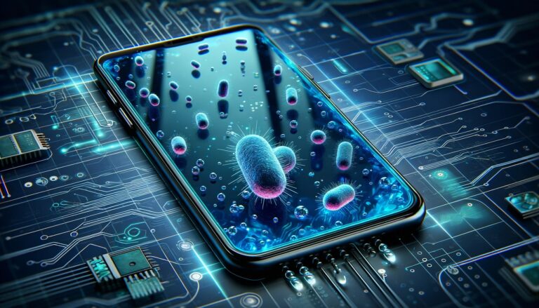 Smartfon leżący na płycie głównej, na ekranie widoczne powiększone bakterie. Nadchodzą przeciwbakteryjne ekrany dotykowe.