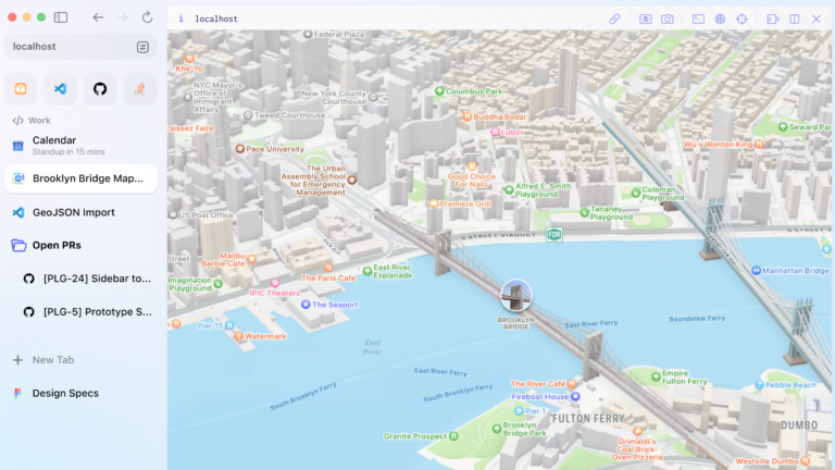 Zrzut ekranu pokazujący interfejs użytkownika z mapą 3D okolicy Mostu Brooklyńskiego w Nowym Jorku, z widocznymi etykietami miejsc i budynków oraz panel boczny z zakładkami i ikonami aplikacji.