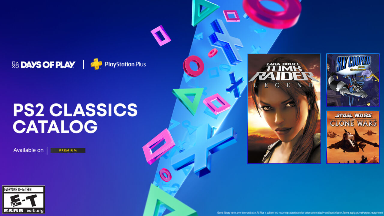 Katalog klasyków PS2 dostępny na PlayStation Plus Premium. Okładki gier: Tomb Raider Legend, Sly Cooper i Star Wars The Clone Wars., z okazji Days of Play 2024
