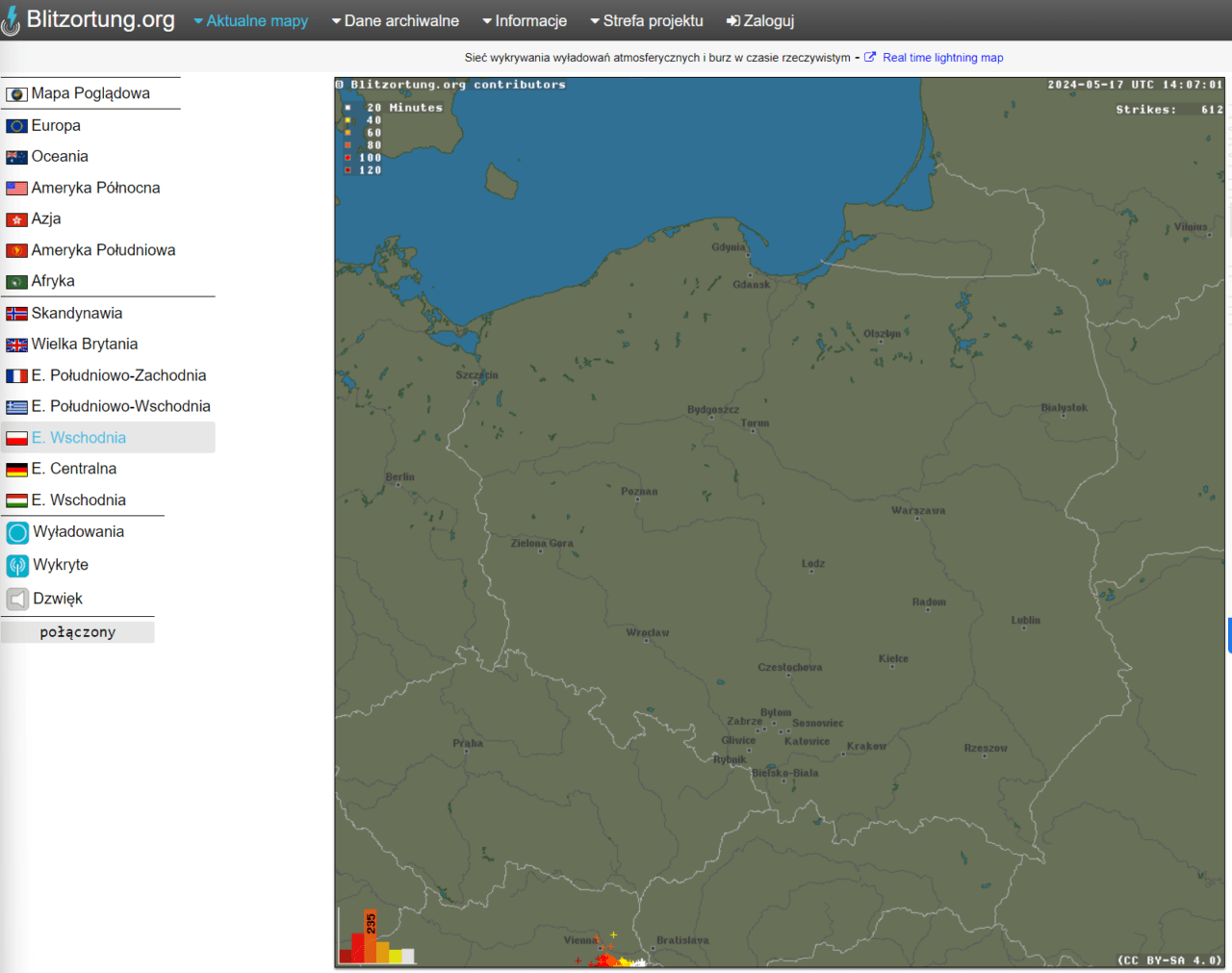 Mapa wyładowań atmosferycznych i burz nad Europą Wschodnią z zaznaczonymi miejscowościami.